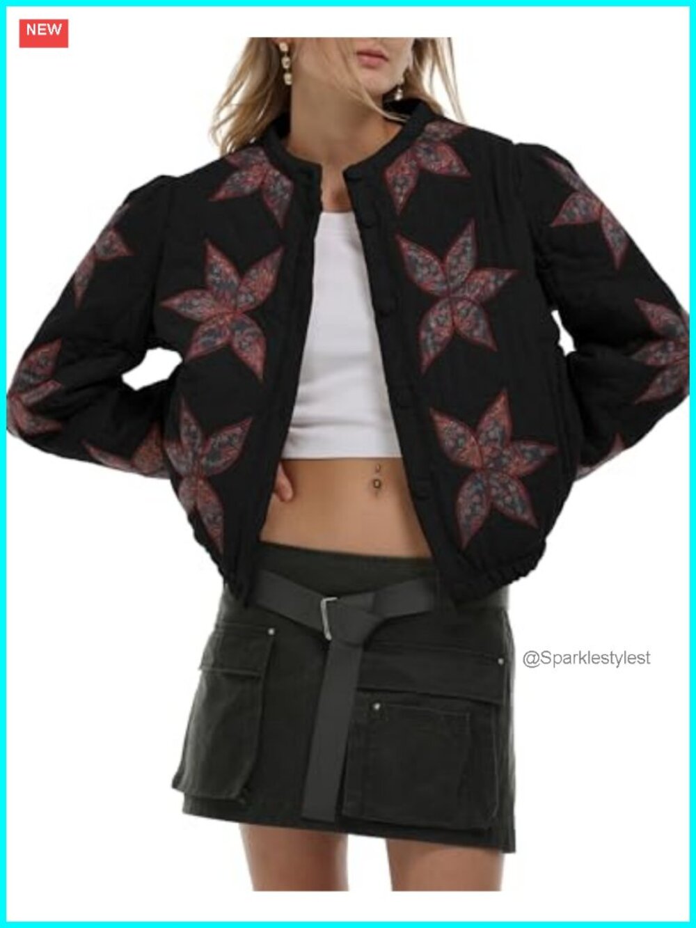 Women Lightweight Floral Embroidered Quilted Jacket Winter